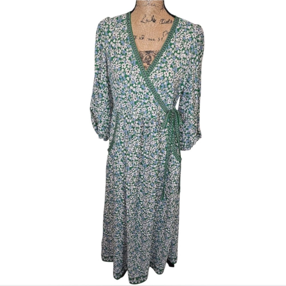 NWT Max Studio Peasant Floral Green Faux Wrap Maxi Dress